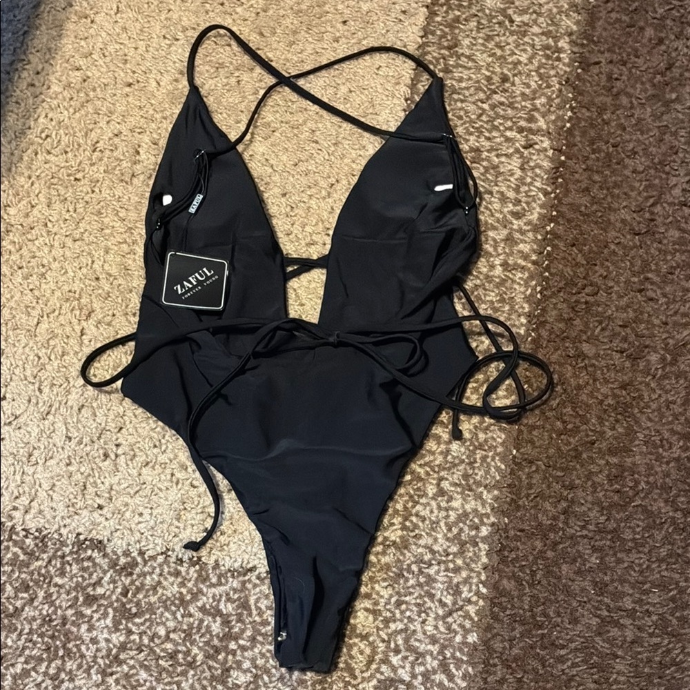 Zaful Black One-Piece Swimsuit with Plunging V-Neck - Picture 6 of 11